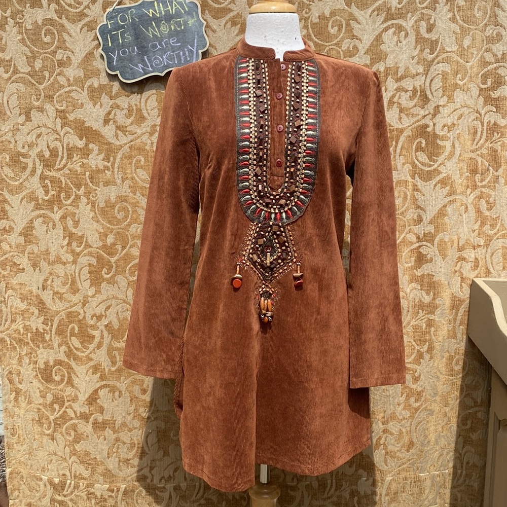 Pamela Mode Brown Beaded Corduroy Tunic - Size Small/Medium